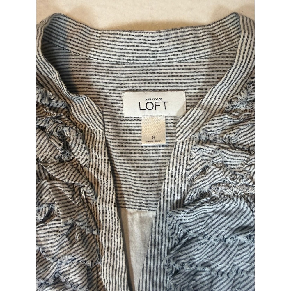 Ann Taylor LOFT Womens Blue White Pinstripe Ruffle Shirt Dress Size 8 - Picture 2 of 3